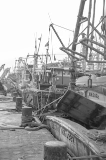 A row of fishing boats docked at a pier, with intricate rigging and multiple ropes visible. The scene captures the nautical architecture and craftsmanship of these vessels. Various fishing equipment and supplies are scattered around, indicating active use.
