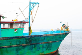 A colorful wooden fishing boat is docked by the water, featuring bright turquoise and green paint. The boat is equipped with various fishing gear, ropes, and a winch system. An Indian flag is painted on the side, and the registration number is visible. The background shows calm water with a slight haze obscuring the distant horizon.