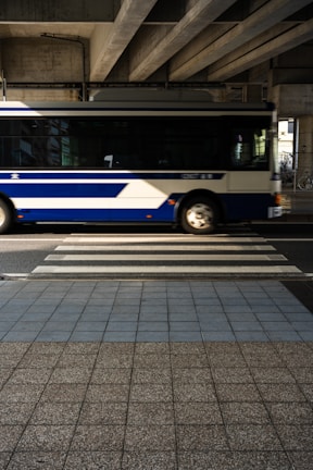 A blue and white bus is moving across a pedestrian crossing under a concrete overpass. The crosswalk is prominently visible in the foreground, and sunlight casts shadows on the scene. The structure above consists of large concrete beams, adding an urban, industrial feel.