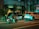 A nighttime street scene featuring a motorcyclist in a helmet and jacket stopped beside a black taxi with 'S.RIDE' written on its side and a white SUV in front. The street is lined with buildings and trees, illuminated by neon lights with a greenish hue creating reflections on the vehicles.