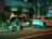 A nighttime street scene featuring a motorcyclist in a helmet and jacket stopped beside a black taxi with 'S.RIDE' written on its side and a white SUV in front. The street is lined with buildings and trees, illuminated by neon lights with a greenish hue creating reflections on the vehicles.