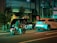 A nighttime street scene featuring a motorcyclist in a helmet and jacket stopped beside a black taxi with 'S.RIDE' written on its side and a white SUV in front. The street is lined with buildings and trees, illuminated by neon lights with a greenish hue creating reflections on the vehicles.