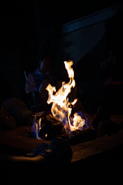 A glowing fire pit surrounded by friends sharing stories on a cool evening.