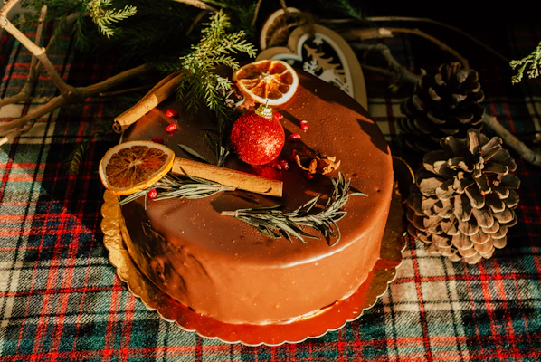 Festive gifting cakes in rich chocolate brown tones with shimmering gold highlights and seasonal decor.