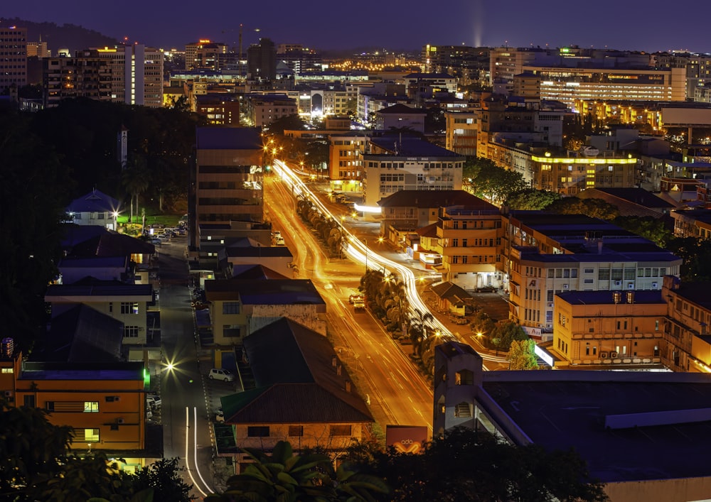 a view of a city at night time