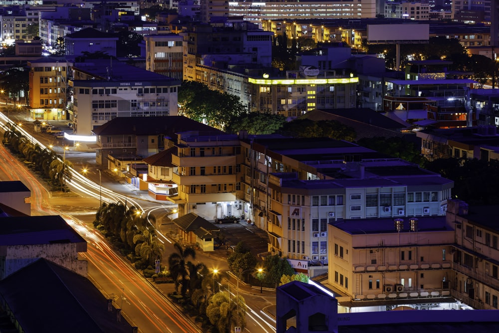 a view of a city at night time