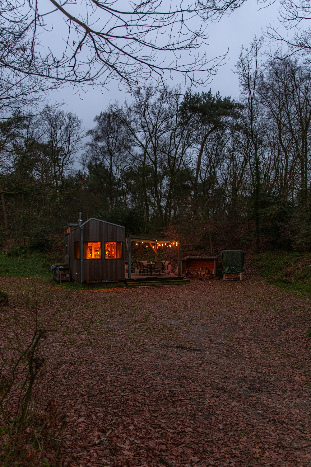 a small cabin in the middle of a forest