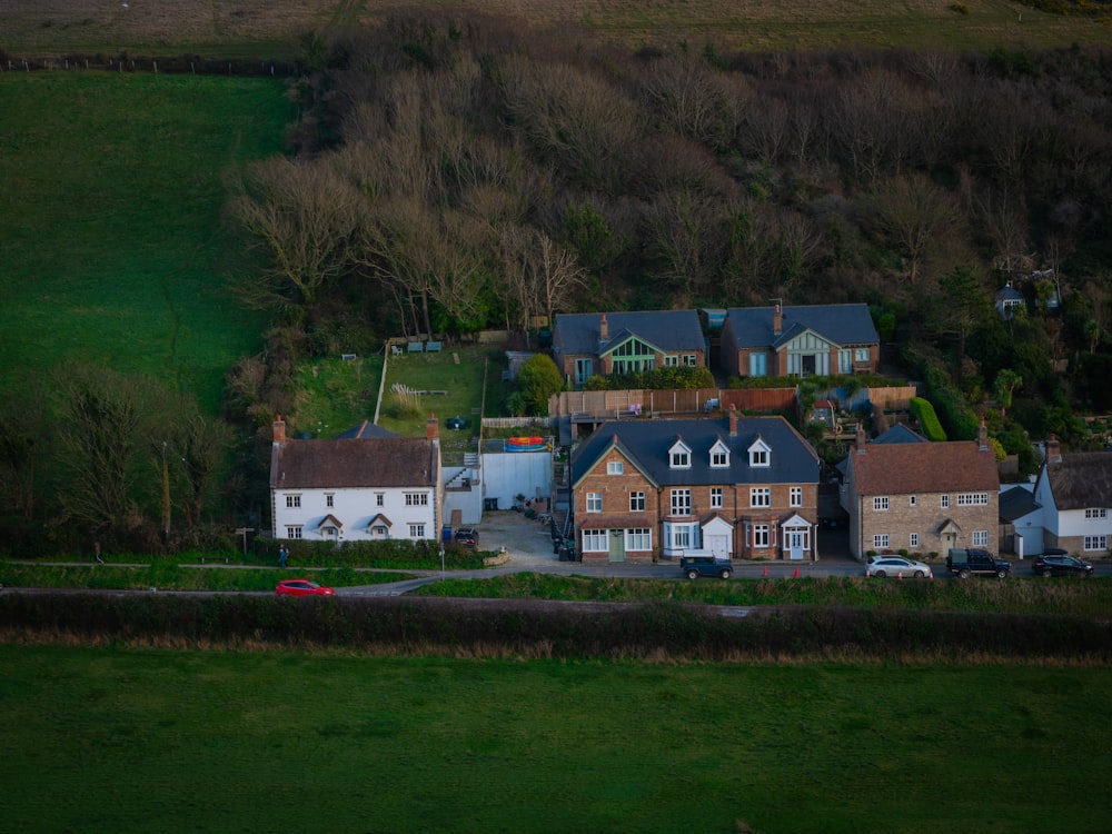 an aerial view of houses in a rural area