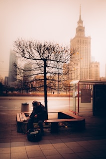 A solitary figure sitting on a park bench, lost in thought beneath autumn leaves.