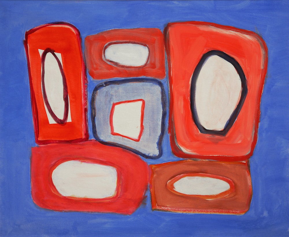 a painting of red, white, and blue shapes