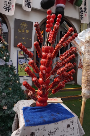 A display of traditional Chinese candied fruit skewers arranged in a decorative manner on what appears to be a market stall. The skewers are covered with shiny, red candy glaze and are displayed in a fan-like arrangement. They are set on a table covered with a white cloth featuring Chinese calligraphy. Behind the display, there are signs with Chinese characters, as well as holiday decorations including a Christmas tree.