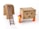 Two toy figures are interacting with a large cardboard box that has the appearance of a robot with a simple face drawn on it. The box stands on four small legs, resembling a character with arms. A brown ladder is placed on another cardboard box figure, leaning against it. The figures appear to be in a playful setting, using everyday objects creatively.