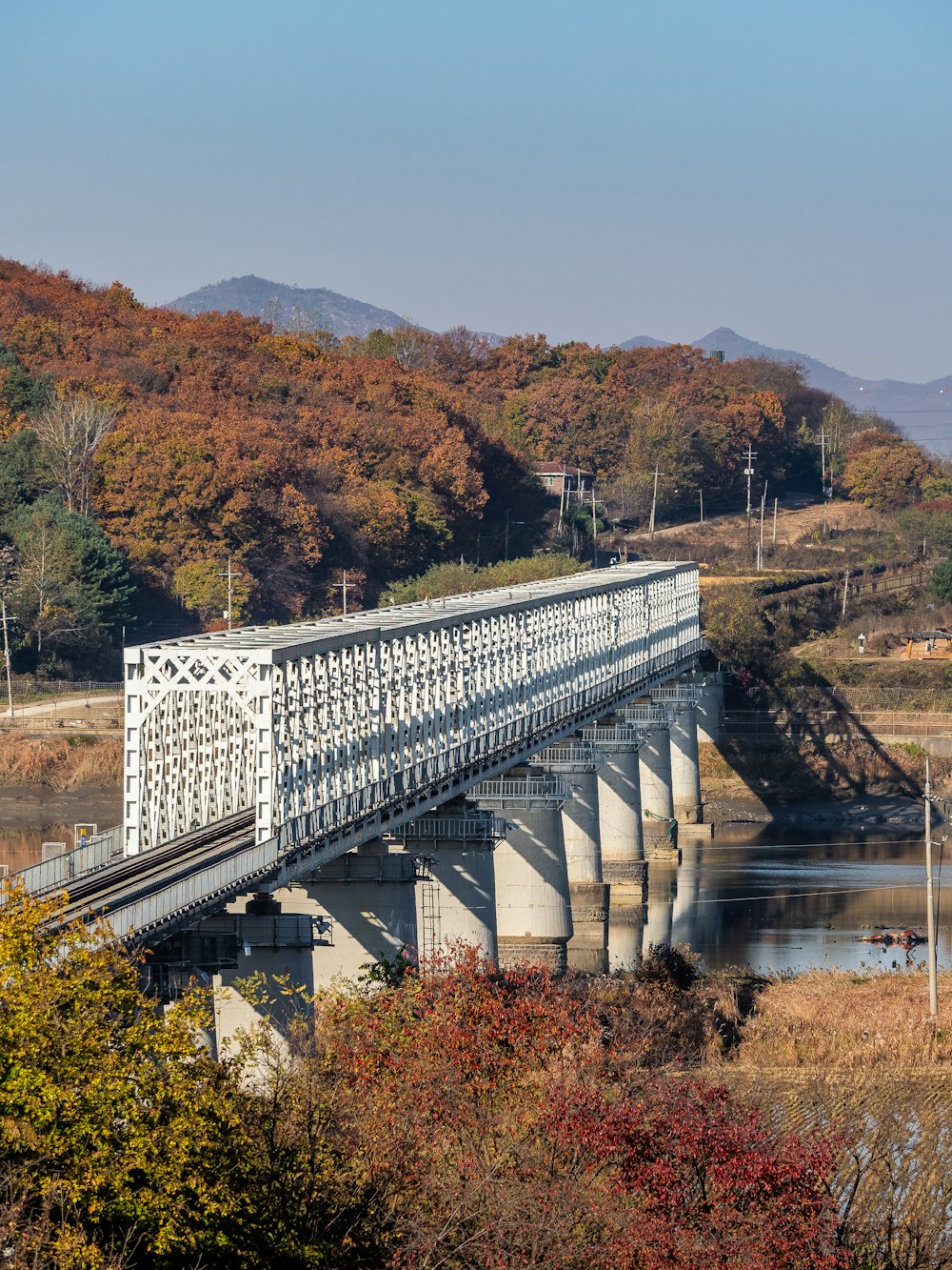 un pont au-dessus d’un plan d’eau entouré d’arbres