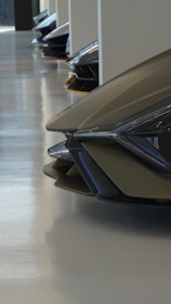 A collection of stylish bumpers displayed on a showroom floor.