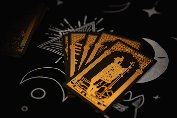 A mystical tarot card spread glowing softly under a purple cosmic background.