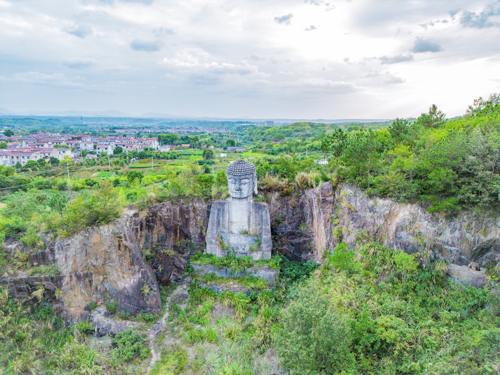 a large buddha statue sitting on top of a lush green hillside