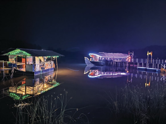 A serene night scene with boats docked along a calm body of water, illuminated by colorful lights reflecting on the water's surface. The area appears quiet and peaceful, with a wooden building or structure showcasing warm lighting.