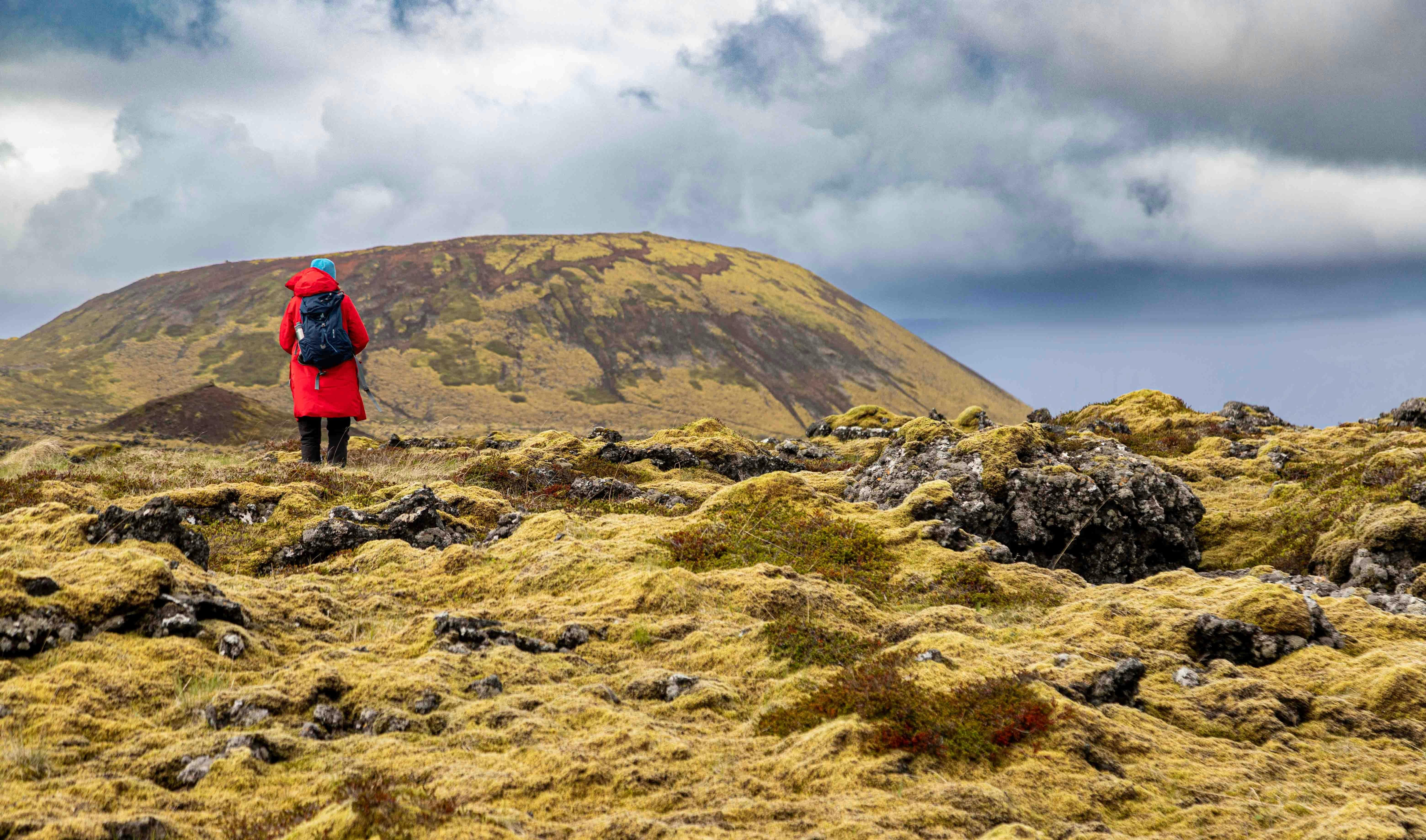 a person with a backpack standing on a hill, A lone hiker in a red jacket stands amidst a vast moss-covered lava field, with a mountainous landscape stretching into the distance under a cloudy sky.