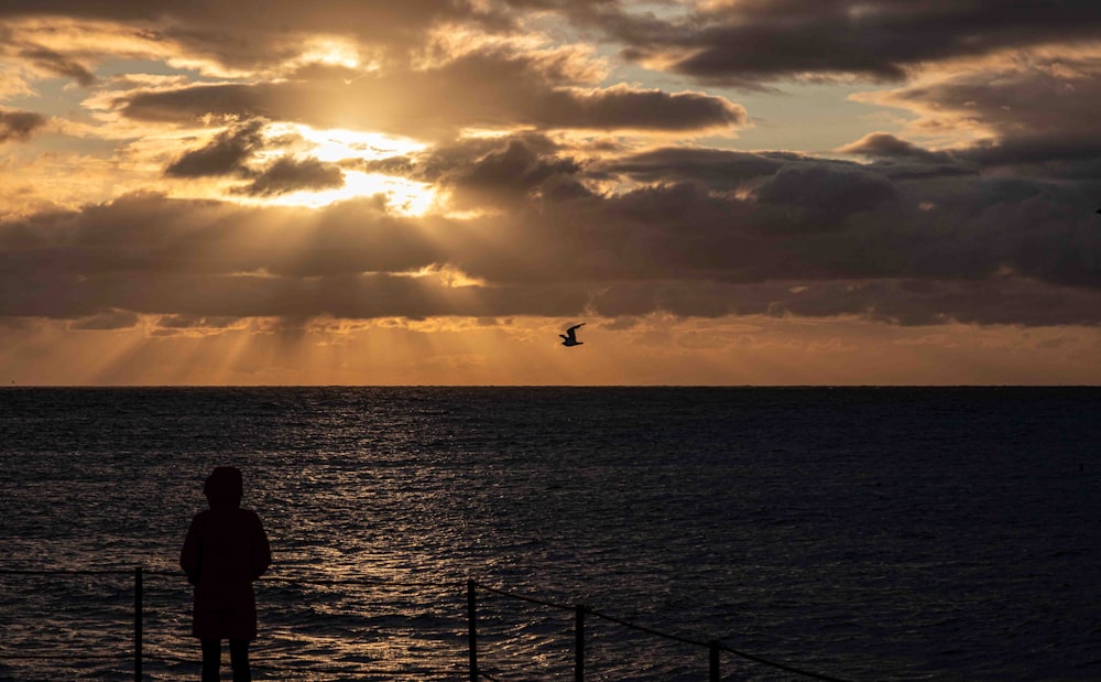 a person standing on a pier watching the sun set