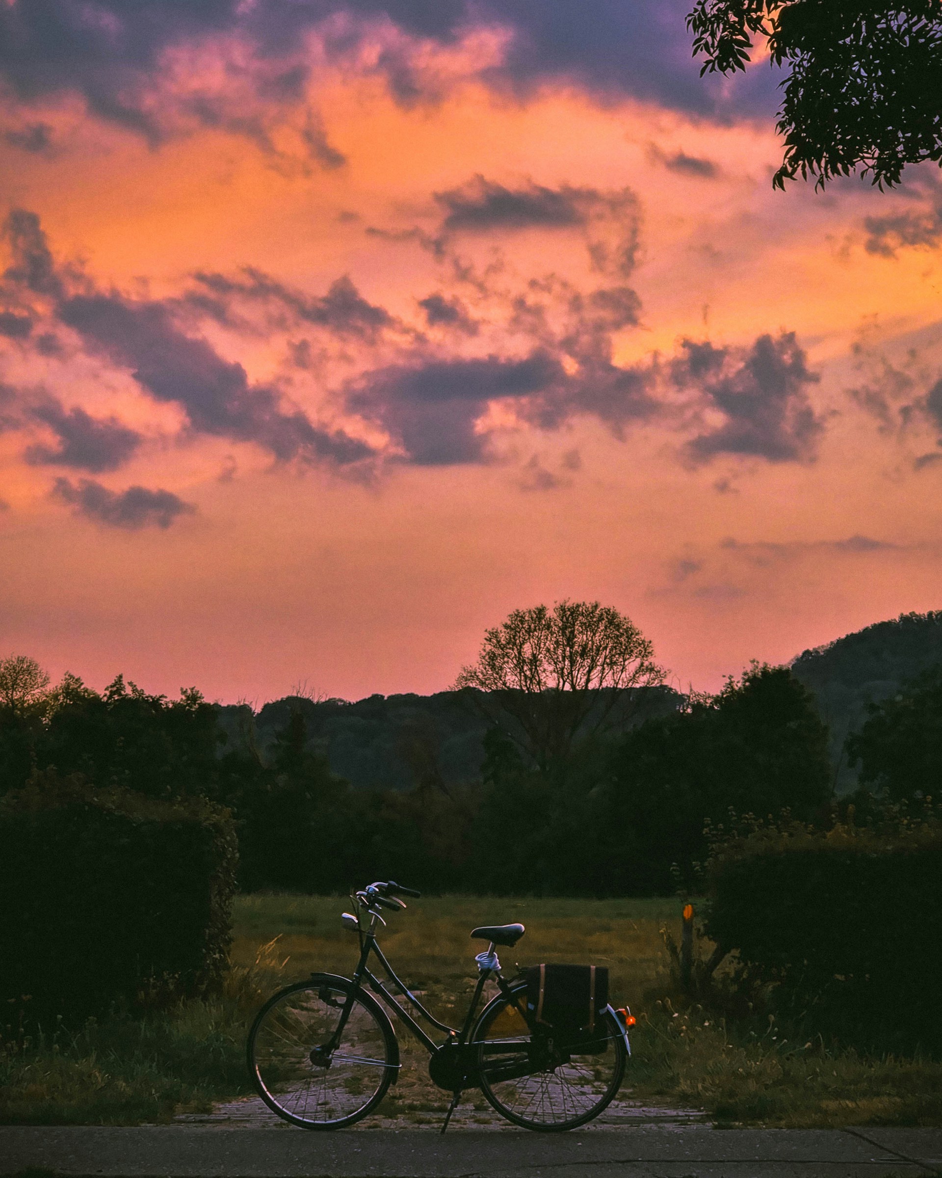 A rustic bicycle leaning against a weathered wooden fence under a vast open sky at sunset.