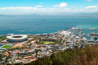 an aerial view of a city by the ocean