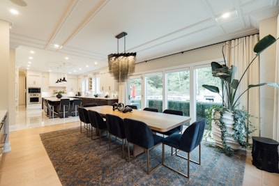 A modern dining area seamlessly connected to a kitchen, featuring a long wooden table surrounded by dark upholstered chairs. A large, unique chandelier hangs above the table, providing elegant lighting. The space is filled with natural light from a wall of large windows. Indoor plants add a touch of greenery, while a patterned rug under the dining table adds texture. The kitchen area in the background is equipped with sleek appliances and additional dining seating at an island.