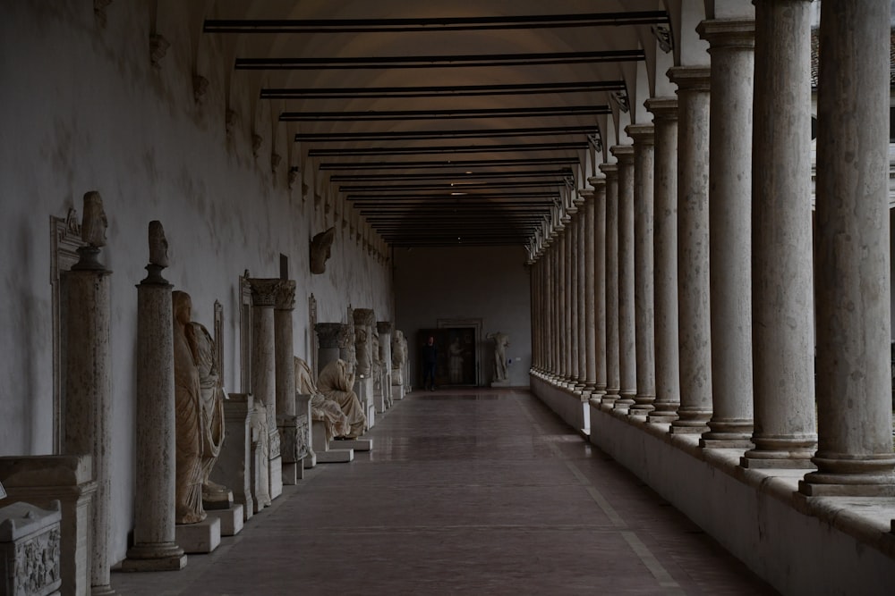 un lungo corridoio fiancheggiato da colonne e statue