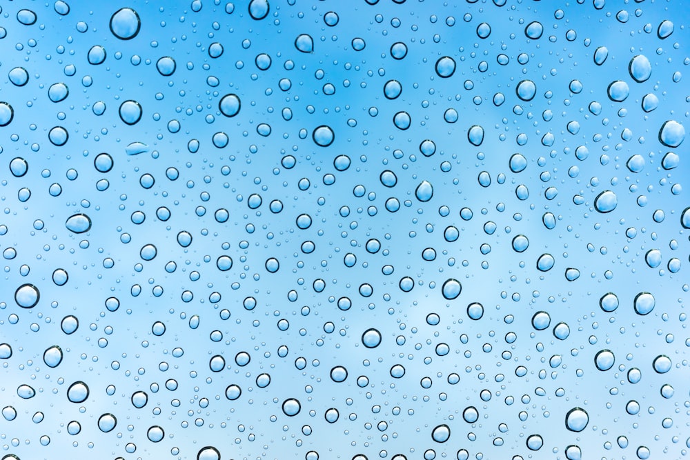 water drops on a window with a blue sky in the background