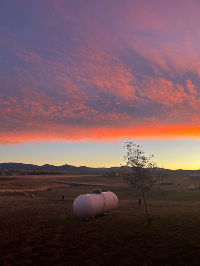 A friendly technician carefully refilling a large propane tank outside a cozy home at sunset.