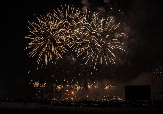 Bright and large fireworks burst in the night sky, creating intricate patterns with golden sparks. The scene is lively, and there is a dark, silhouetted foreground that includes spectators viewing the display.