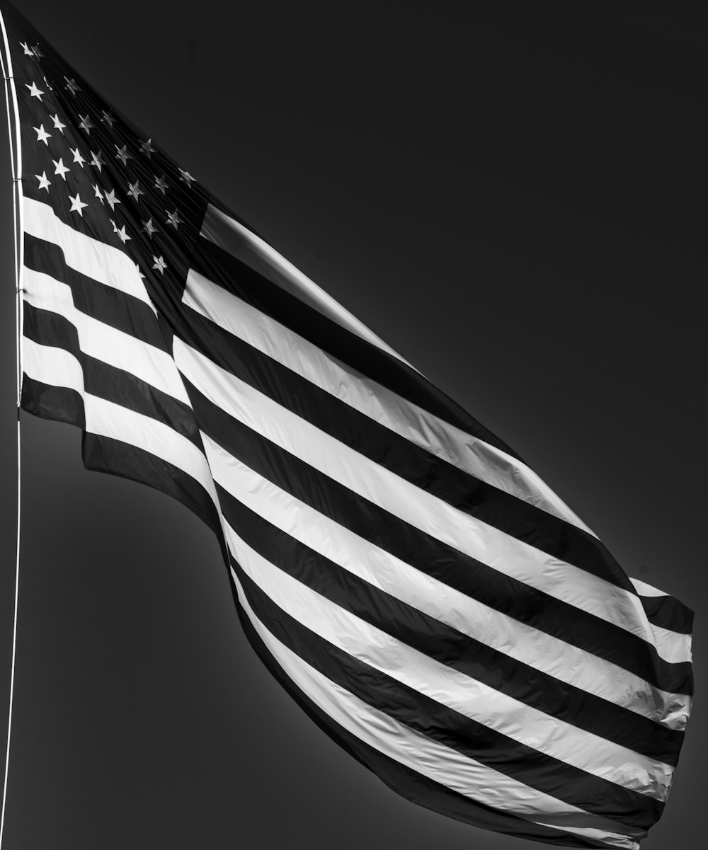 a black and white photo of an american flag