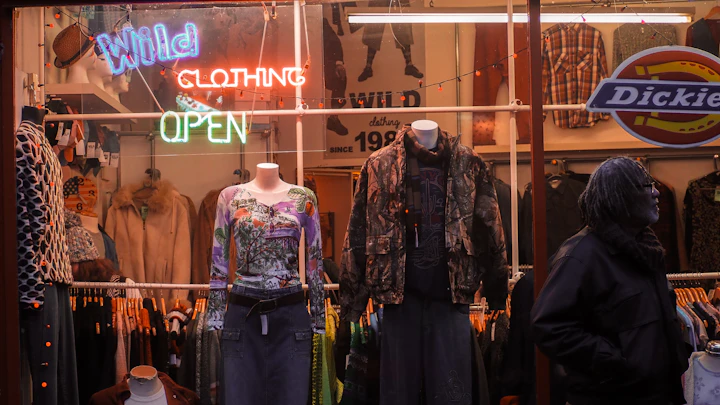 a clothing store window with mannequins in the window