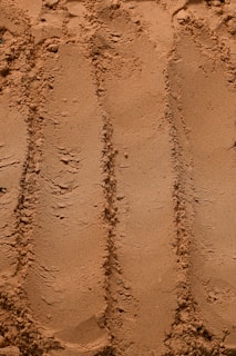 a close up of a sandy beach with tracks in the sand