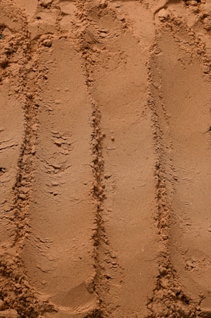 a close up of a sandy beach with tracks in the sand