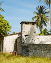 an old brick building with palm trees in the background