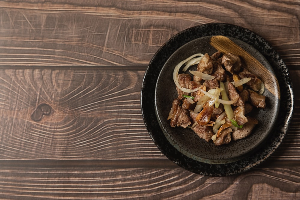 a plate of food on a wooden table