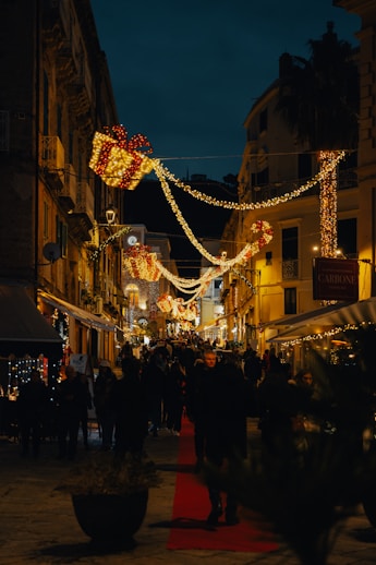 a city street is lit up with christmas lights