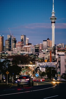 a view of a city with a tall tower in the background