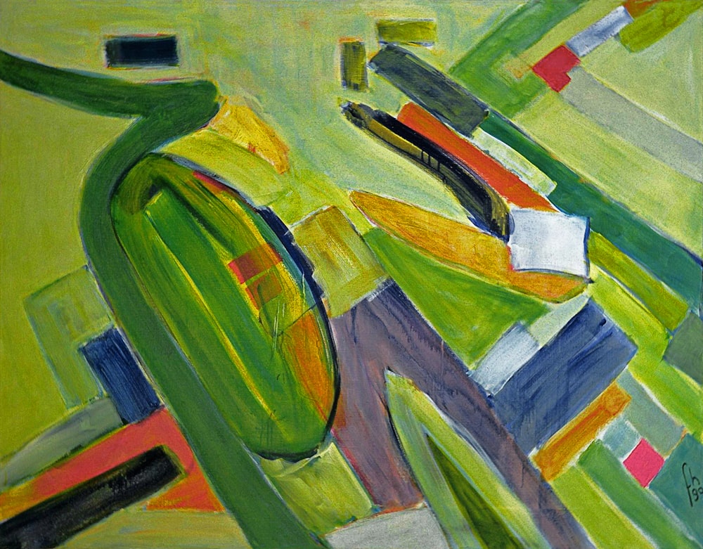 a painting of a green and yellow abstract painting