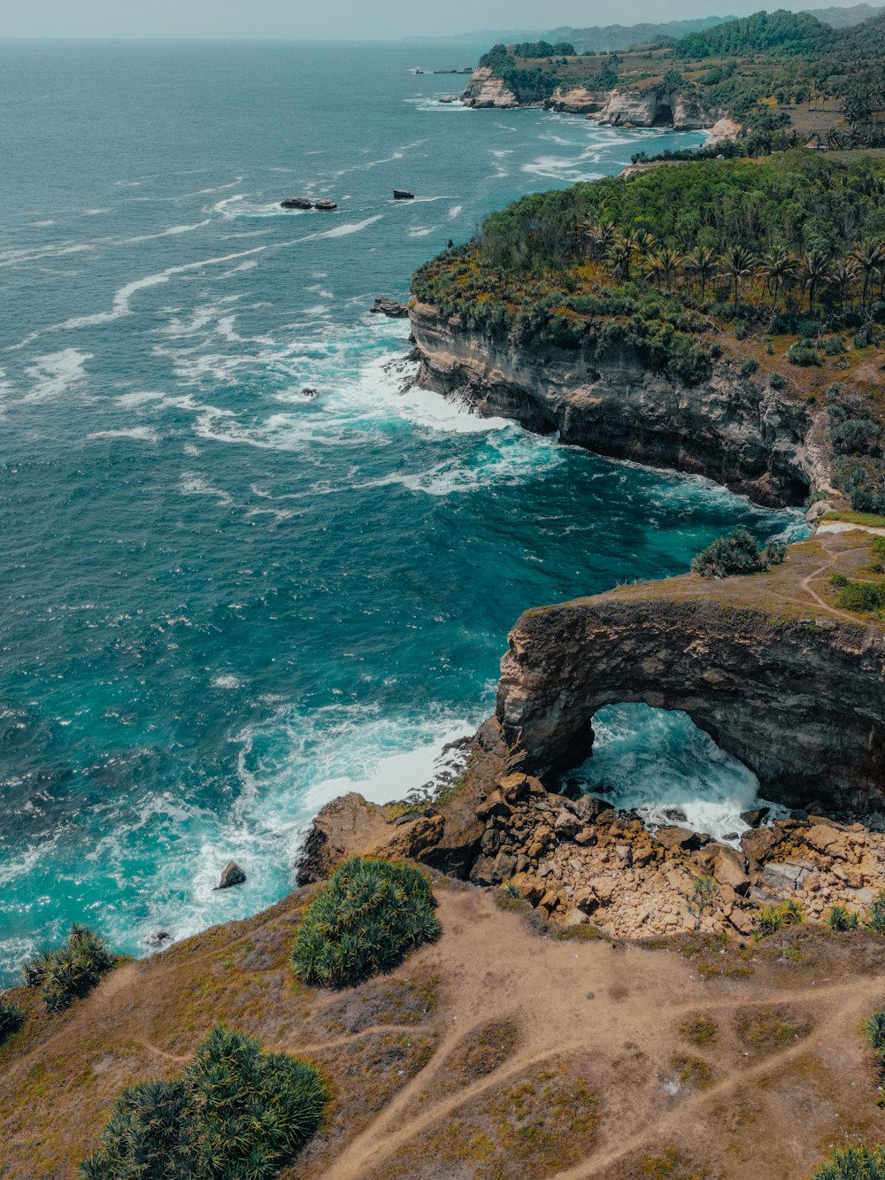 a large body of water near a rocky shore