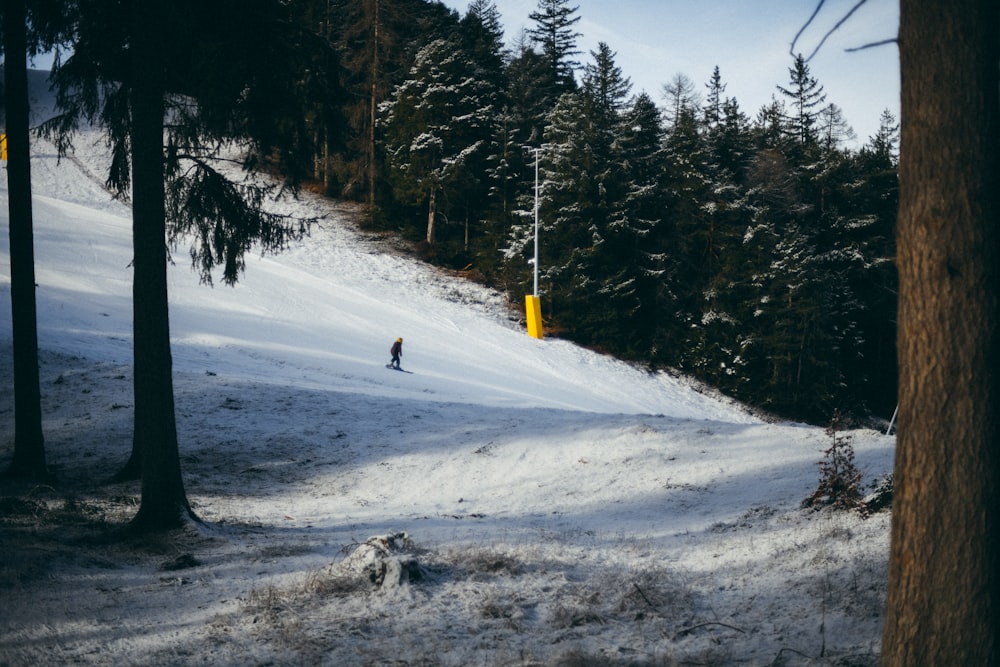 a person riding skis down a snow covered slope