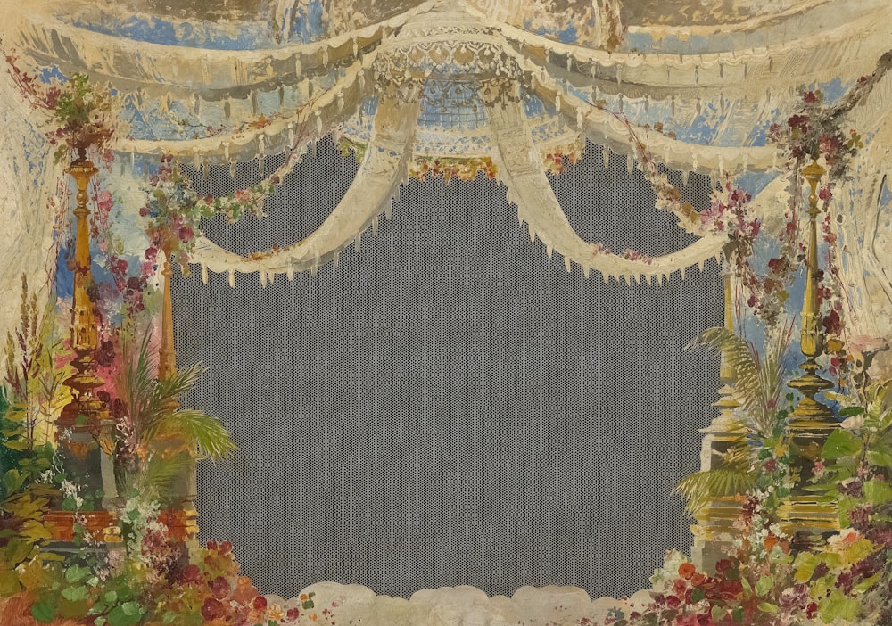 a painting of a canopy decorated with flowers