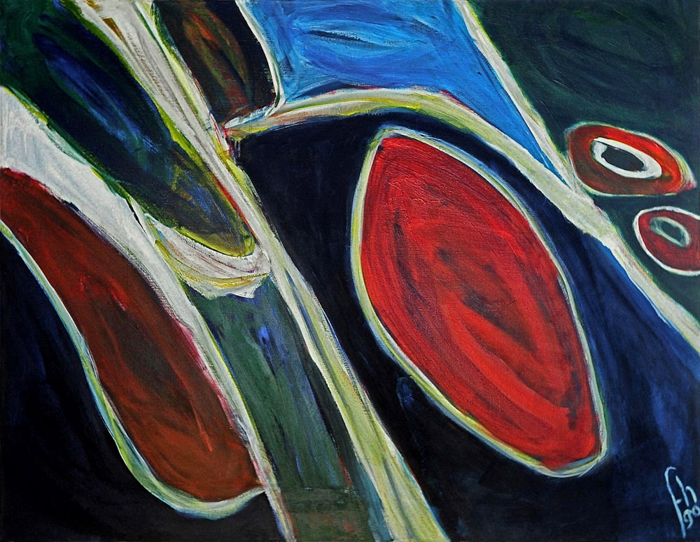 a painting of a red, white, and blue object