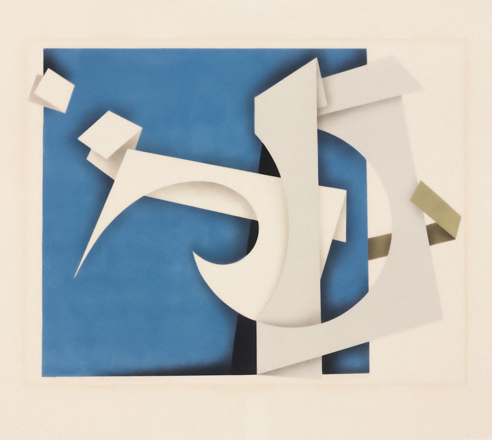 a painting with a blue background and white shapes