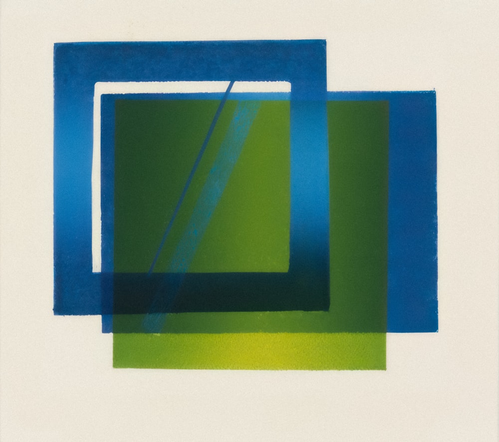an abstract painting with blue and green squares