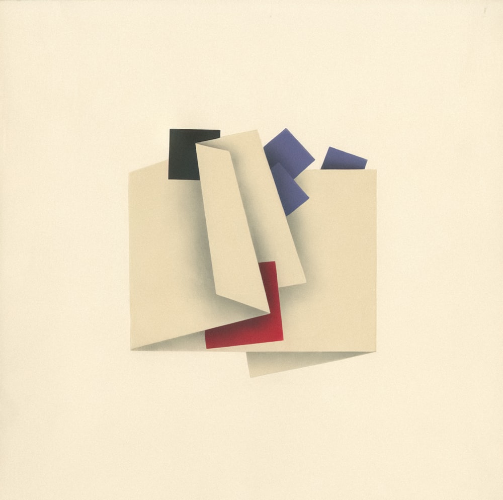 an abstract painting of a white rectangle with red, blue, and black shapes