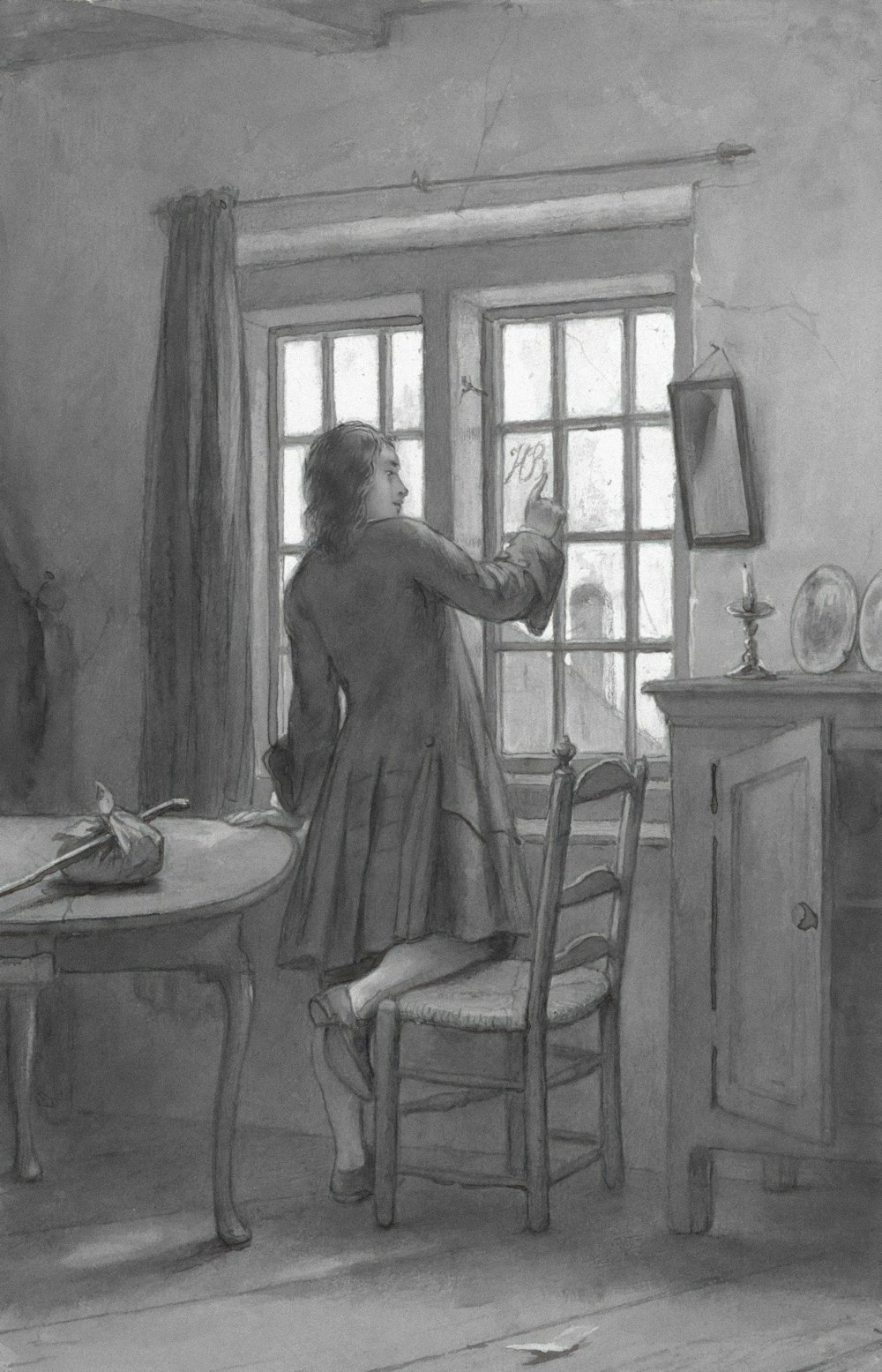 a black and white drawing of a woman looking out a window