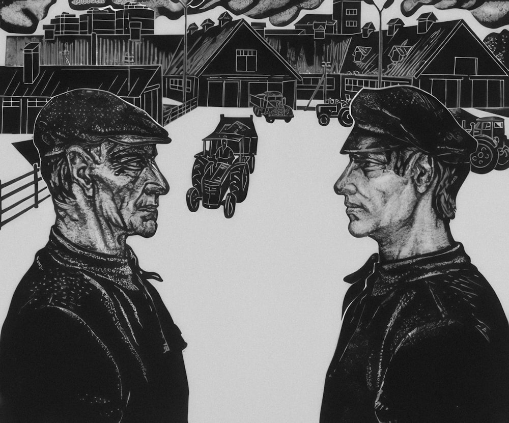 a drawing of two men facing each other