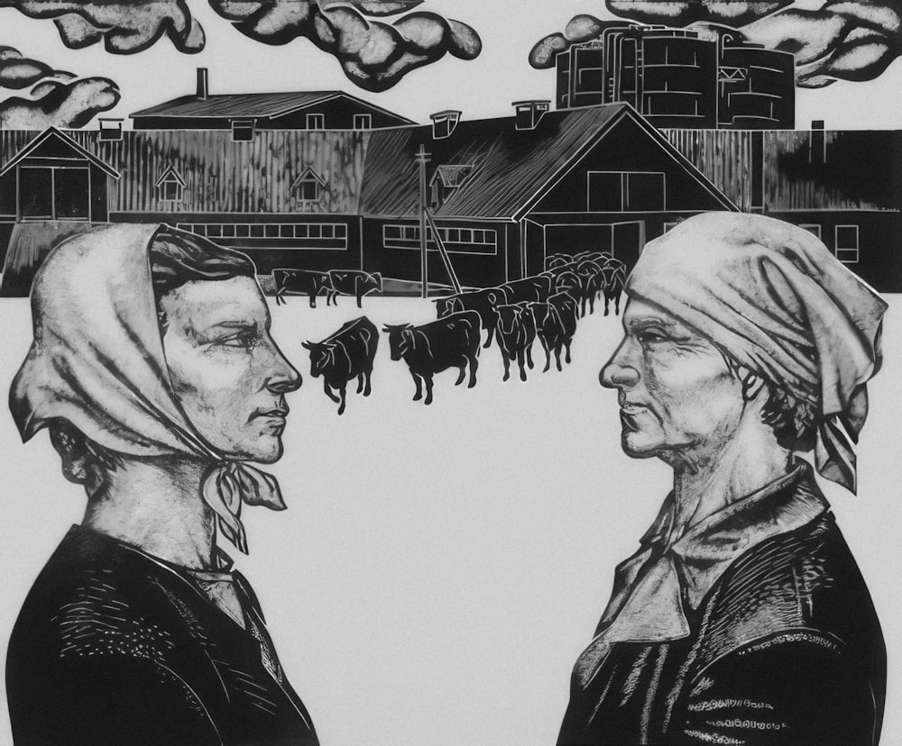 a drawing of two women facing each other