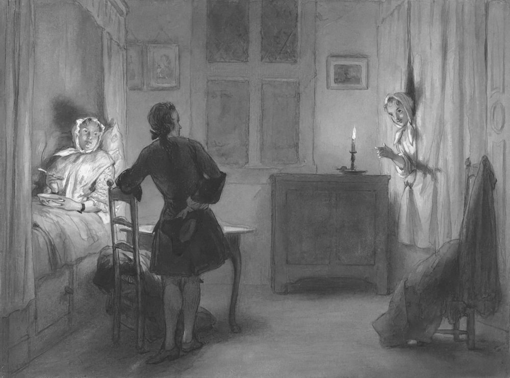a black and white drawing of two people in a bedroom